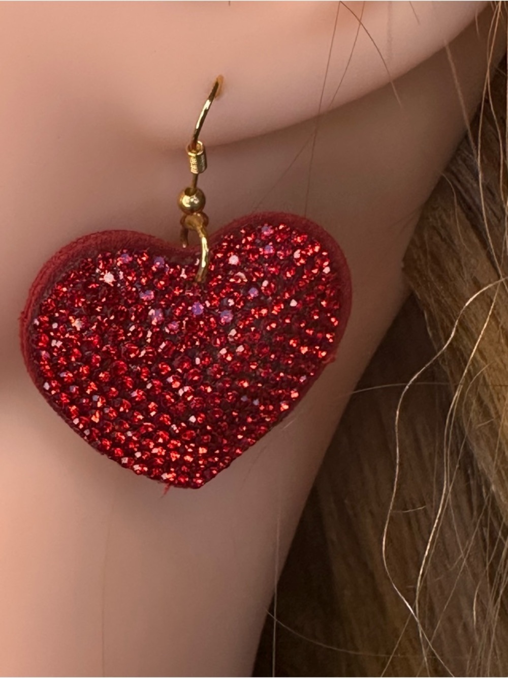 Red Rhinestone Heart Pillow Earrings | Gold Tone Statement Drop Earrings